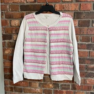 Talbots womens fair isle print button front cardigan sweater white large